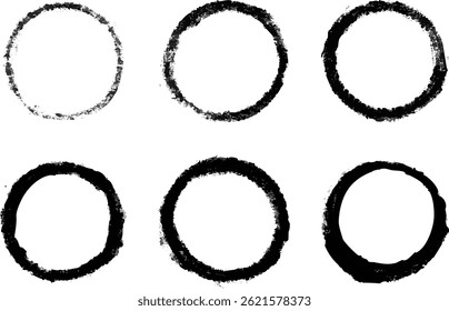 Set of Six Grunge Brushstroke empty circles with Rough Edges and Distressed Ink Texture, Hand-Drawn Circles, Grunge Punk Style Black Circles, Black ink geometric shapes
