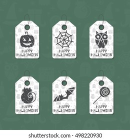 Set of six grunge gift tags for Halloween. Happy Halloween caption. Holiday design template for festive sticker, label, banner, invitation, postcard, card, wrapping, packaging. Vector illustration.