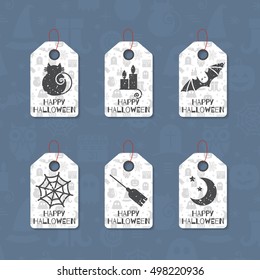 Set of six grunge gift tags for Halloween. Happy Halloween caption. Holiday design template for festive sticker, label, banner, invitation, postcard, card, wrapping, packaging. Vector illustration.