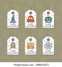 Set of six grunge gift tags for Halloween. Happy Halloween caption. Holiday design template for festive sticker, label, banner, invitation, postcard, card, wrapping, packaging. Vector illustration.
