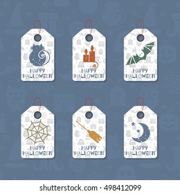 Set of six grunge gift tags for Halloween. Happy Halloween caption. Holiday design template for festive sticker, label, banner, invitation, postcard, card, wrapping, packaging. Vector illustration.