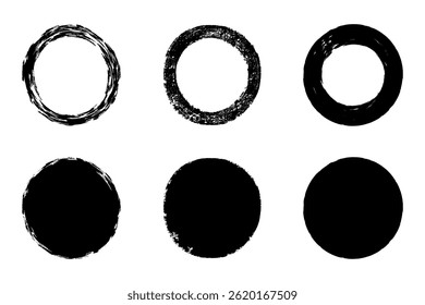 Set of six grunge hand drawn black ink circles. Includes textured round brush strokes and rough painted silhouettes, ideal for logo design, badges, highlight covers, abstract art, backgrounds