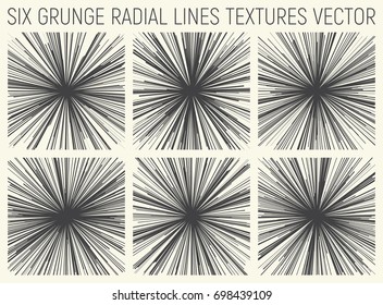 Set of Six Grunge Hand Drawn Radial Lines Textures Vector Abstract Background