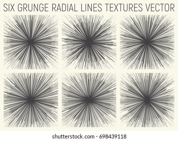 Set of Six Grunge Hand Drawn Radial Lines Textures Vector Abstract Background