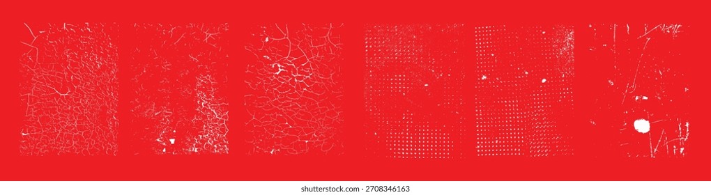 Conjunto de seis texturas grunge con superficies angustiadas para branding, packaging, Plantillas impresas y fondos de diseño digital. Simplemente coloca texturas sobre cualquier objeto para crear un efecto sucio. Vector 