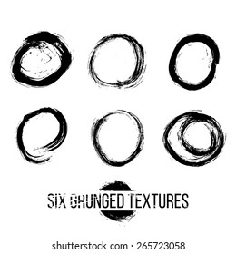 Set of six grunged circles by painbrush and ink