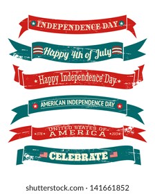 A set of six grungy US Independence Day banners isolated on white background.