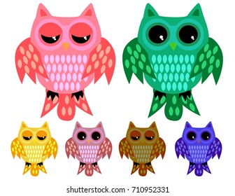 a set of six half-asleep owls with half-closed eyes with ornamented wings and tails in different color variations