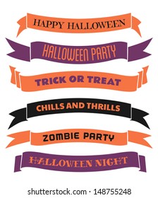 A set of six Halloween banners/ribbons in orange, purple and black, isolated on white background.