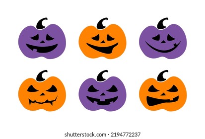 Set of six Halloween pumpkin faces, isolated on white background. Flat design, great for both cutting and printing. 
Jack-O-Lantern pumpkin in orange and purple colors.