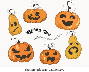 Set of six Halloween pumpkins with diffrent facial expressions. There are fear, happiness, joy, worry, terror, confusion and one evil villain. Vector illustration in warm yellow and orange colors.