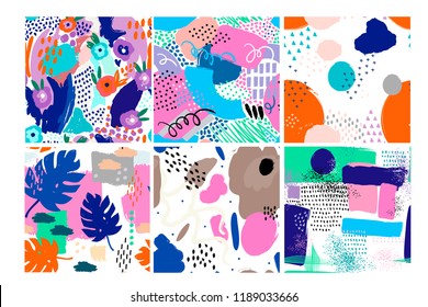 Set of six hand drawn abstract vector seamless patterns