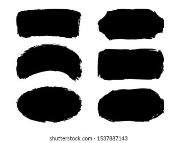 Set of six hand drawn abstract black paint labels or frames. Vector collection of shapes isolated on white background. Design elements for labels, banners, posters, tags. Perfect for jar or tube