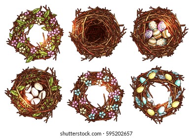 Set Of Six Hand Drawn Branches Wreaths And Bird Nests. Sketch Color Happy Easter Nature Decorations