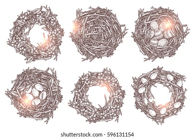 Set Of Six Hand Drawn Branches Wreaths And Bird Nests. Sketch Monochrome Happy Easter Nature Decorations