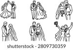 Set of six hand drawn bride and groom line art illustrations in different romantic wedding poses.