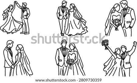 Set of six hand drawn bride and groom line art illustrations in different romantic wedding poses.