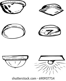 Set of six hand drawn cartoon outline ceiling lamps over white background