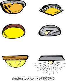 Set of six hand drawn cartoon ceiling lamps over white background