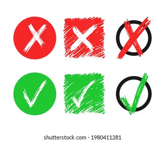 Set of six hand drawn check and cross sign elements isolated on white background. Grunge doodle green checkmark OK and red X in different icons. Vector illustration