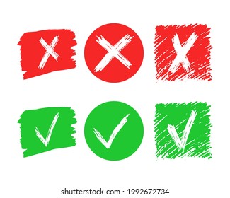 Set of six hand drawn check and cross sign elements isolated on white background. Grunge doodle green checkmark OK and red X in different icons. Vector illustration