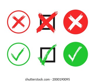 Set of six hand drawn check and cross sign elements isolated on white background. Grunge doodle green checkmark OK and red X in different icons. Vector illustration