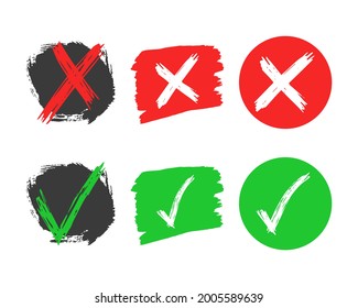 Set of six hand drawn check and cross sign elements isolated on white background. Grunge doodle green checkmark OK and red X in different icons. Vector illustration
