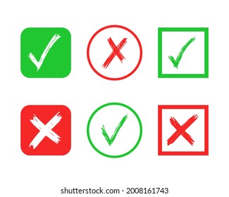Set of six hand drawn check and cross sign elements isolated on white background. Grunge doodle green checkmark OK and red X in different icons. Vector illustration