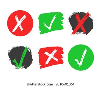 Set of six hand drawn check and cross sign elements isolated on white background. Grunge doodle green checkmark OK and red X in different icons. Vector illustration