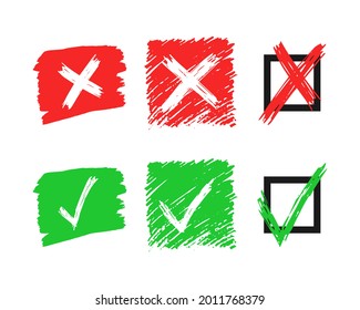 Satz von sechs handgezeichneten Scheck- und Kreuzzeichenelementen einzeln auf weißem Hintergrund. Grunge doodle grün Markierung OK und rotes X in verschiedenen Symbolen. Vektorgrafik