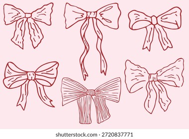 Set of six hand drawn coquette bow ribbons in a cute feminine sketch style. Perfect for invitations, branding, packaging, scrapbooking, and romantic designs.