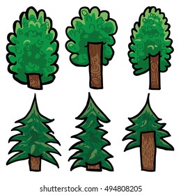Set of six hand drawn detailed vector trees. Vector file, on white background. Grouped, ready to use.