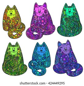 Set of six hand drawn doodle colorful cats with floral ornament in different bright colors. Beautiful vector illustration 