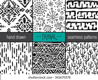 Set of six hand drawn ethnic tribal seamless black and white background patterns