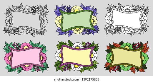 Set of six hand drawn floral frames with flowers, berries and leaves in doodle style. Different colored isolated copy space vector illustration