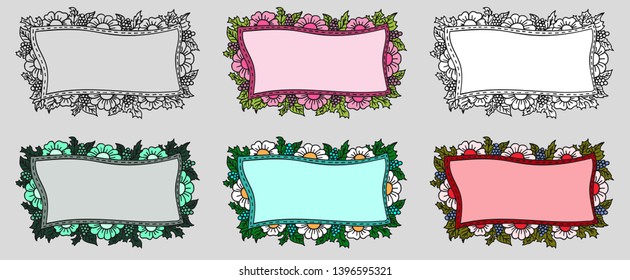 Set of six hand drawn frames in different variations: contour only, contour with white fill and four colored frames. Copy space floral vector illustration with flowers, berries and leaves