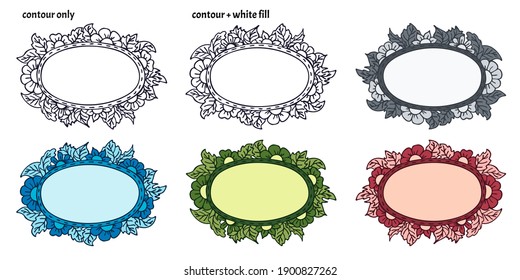 Set of six hand drawn frames with flowers and leaves in different versions. Isolated nature vector illustration	