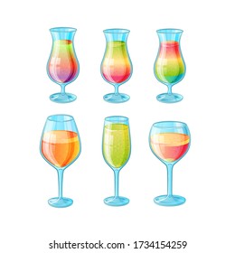 Set of six hand drawn glasses with low alcohol summer cocktails with juice in color