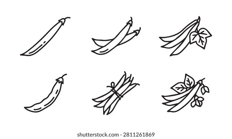 Set of six hand drawn green bean pod illustrations in line art style with vegetable handdrawn illustration monochrome isolated background collection agriculture nutrition ingredient culinary