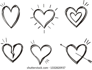 Set of six hand drawn heart
