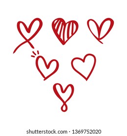 Set of six hand drawn heart. Handdrawn rough marker hearts isolated on white background. Vector illustration for your graphic design.