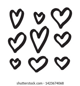 Set of six hand drawn hearts.