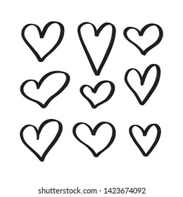 Set of six hand drawn hearts.