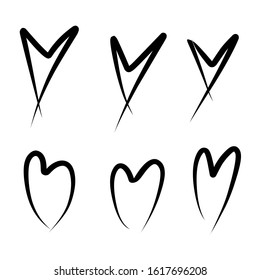 Set of six hand drawn hearts. Handdrawn rough marker hearts isolated on white background EPS Vector illustration