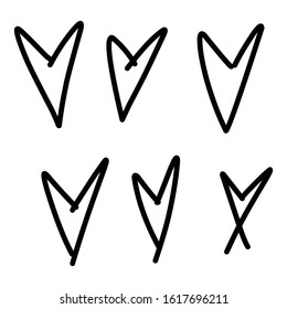 Set of six hand drawn hearts. Handdrawn rough marker hearts isolated on white background EPS Vector illustration