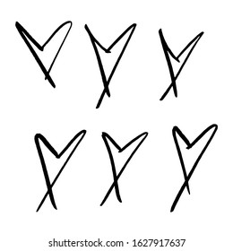 Set of six hand drawn hearts. Handdrawn rough marker hearts isolated on white background EPS Vector illustration