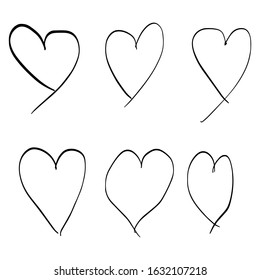 Set of six hand drawn hearts. Handdrawn rough marker hearts isolated on white background EPS Vector illustration