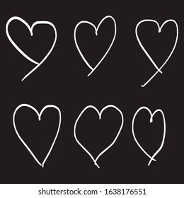 Set of six hand drawn hearts. Handdrawn rough marker hearts EPS Vector illustration