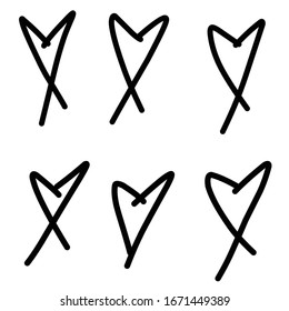 Set of six hand drawn hearts. Hand drawn, handmade rough brush hearts on white background EPS Vector