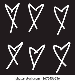 Set of six hand drawn hearts. Hand drawn, handmade rough brush hearts EPS Vector